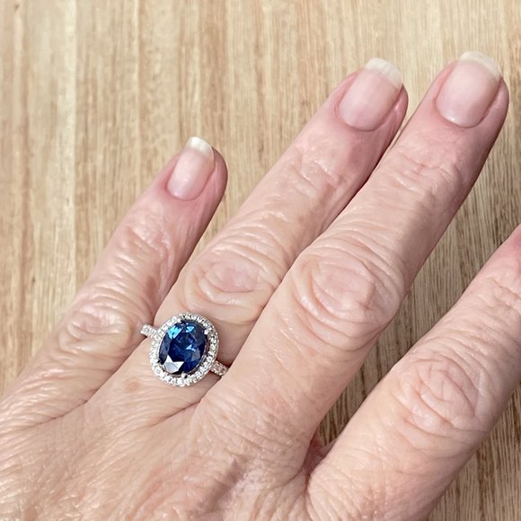 Oval Simulated Sapphire Halo Ring - 925 Sterling Silver - Picture 4 of 5
